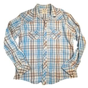 Ariat Retro Fit Mens XL Blue Brown Plaid Western Button Long Sleeve Shirt Cotton